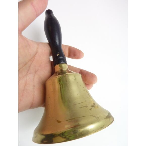 Vintage Brass Hand Bell Black Wood Handle Old School Schoolhouse Bell - Picture 4 of 4